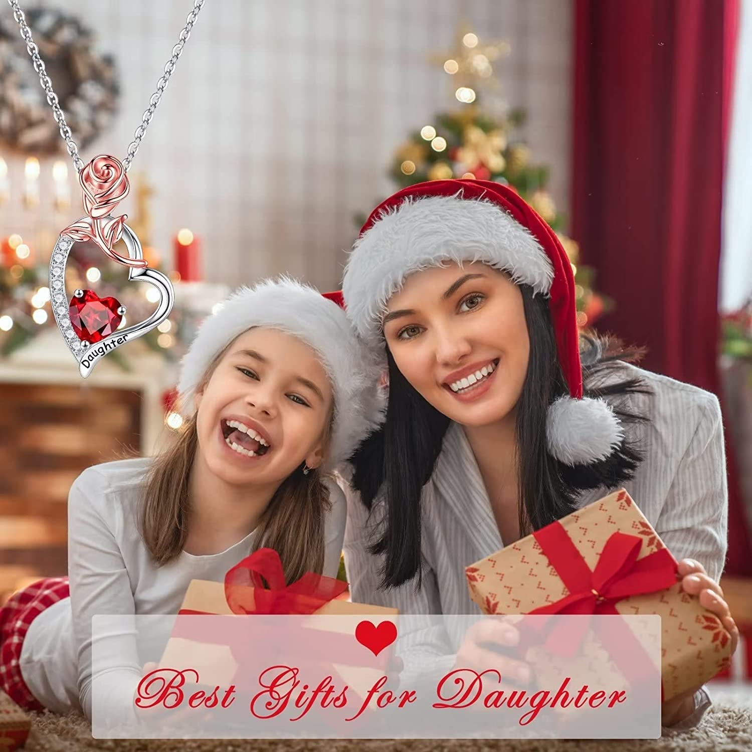 Daughter Gifts Rose Heart Birthstone Necklace, 925 Sterling Silver Natural or Created Gemstone Pendant Necklace Valentines Mothers Day Gifts for Daughter Birthday Christmas Gifts for Daughter from Mom