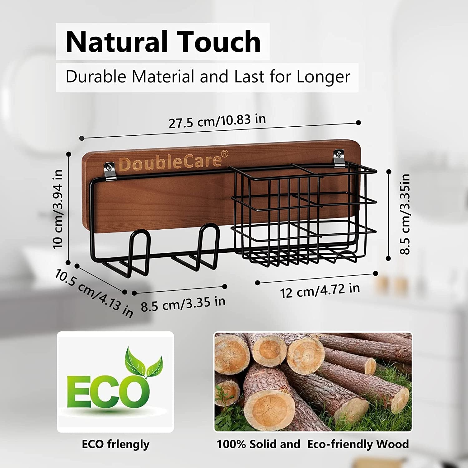 Toothbrush Holder Wall Mounted, Hair Dryer Holder for Dyson with 2 Iron Hooks,Multifunctional Bathroom Organizer for Toothpaste, Toothbrush, Razor,Towel,Wooden