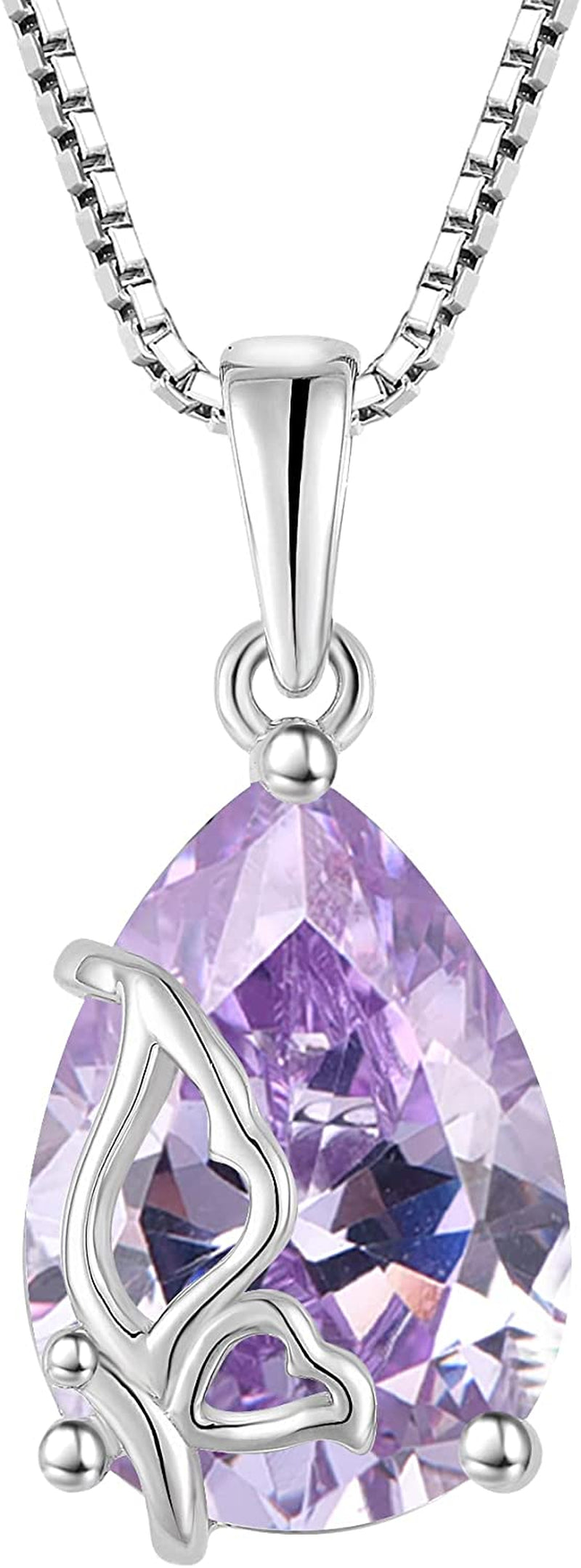 Birthstone Necklace for Women 925 Sterling Silver Butterfly Pendant Necklace with Created Gemstone Birthday Valentines Mothers Day Anniversary Christmas Jewelry Gifts for Mom Wife Girls Her