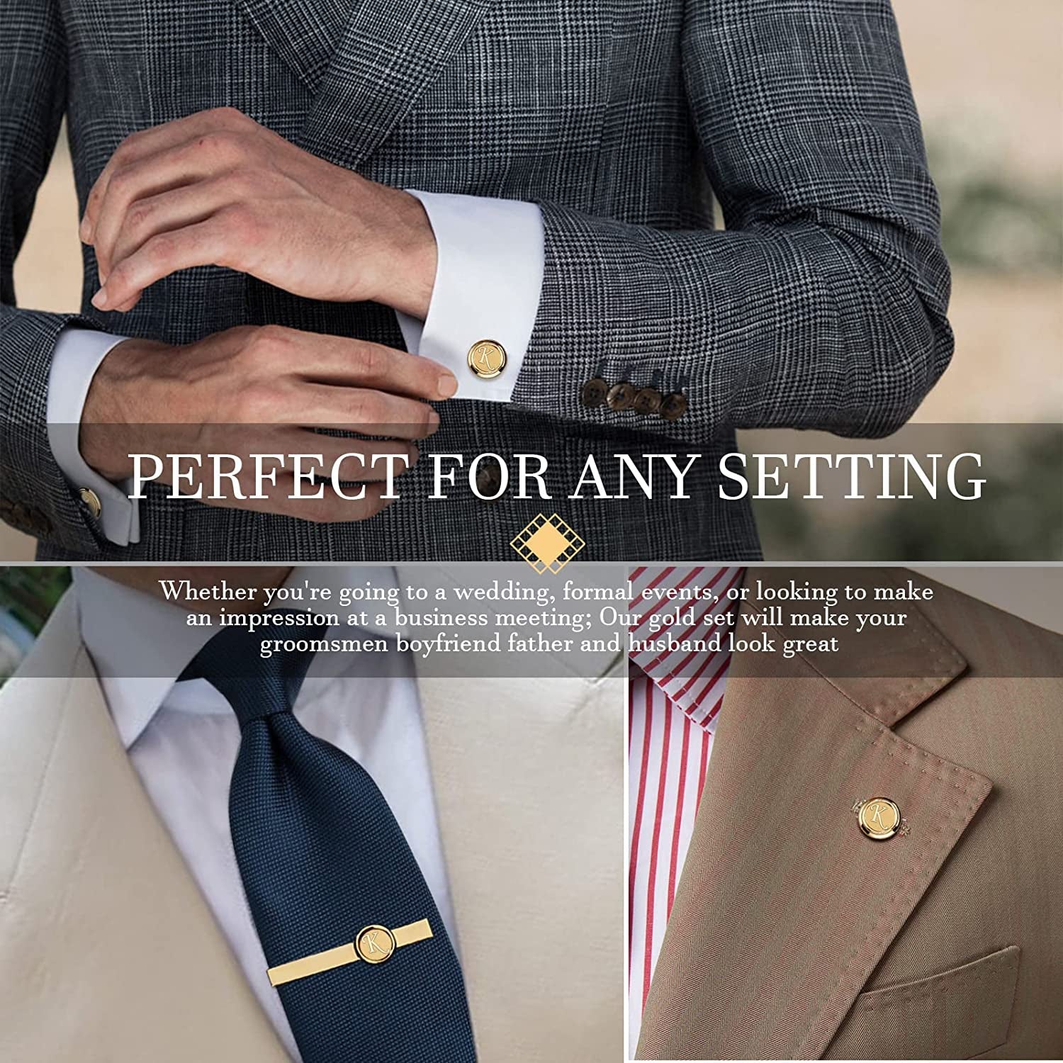 2 Inch Tie Clips with Cufflinks and Tie Pin for Men(A-Z), Tie Tack Lapel Pins for Men’S Suit, Tuxedo, Accessories for Necktie, Shirts