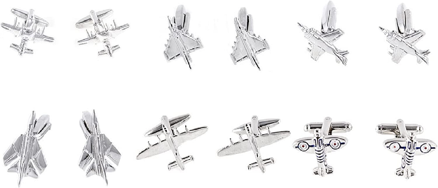 Plane Airplane Pilot Jets 6 Pairs Cufflinks in a Presentation Gift Box, Collar Tabs & Polishing Cloth