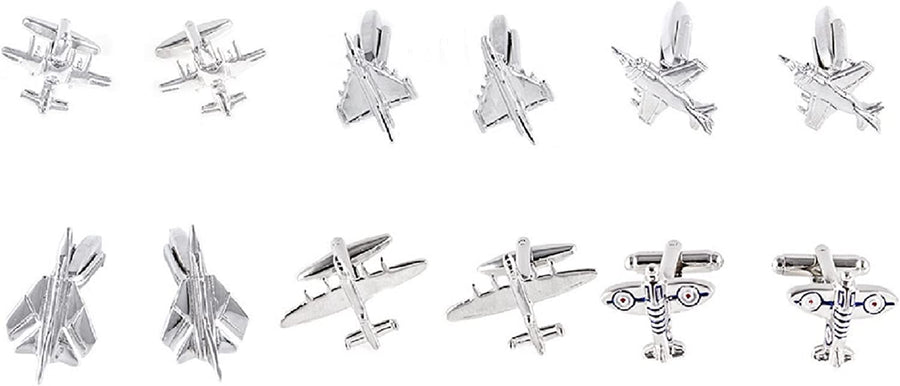 Plane Airplane Pilot Jets 6 Pairs Cufflinks in a Presentation Gift Box, Collar Tabs & Polishing Cloth
