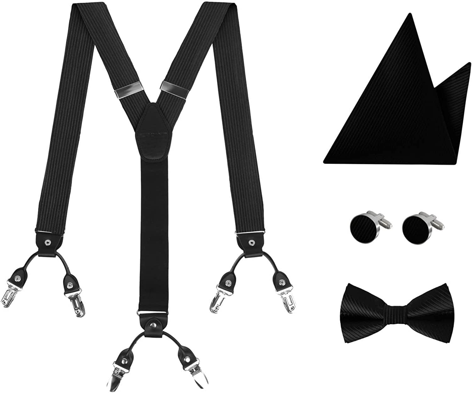 Jacquard Silk Suspenders for Men Clip-On Adjustable Elastic-Band Y-Back Suspenders Bow Ties Hanky Cufflink Set