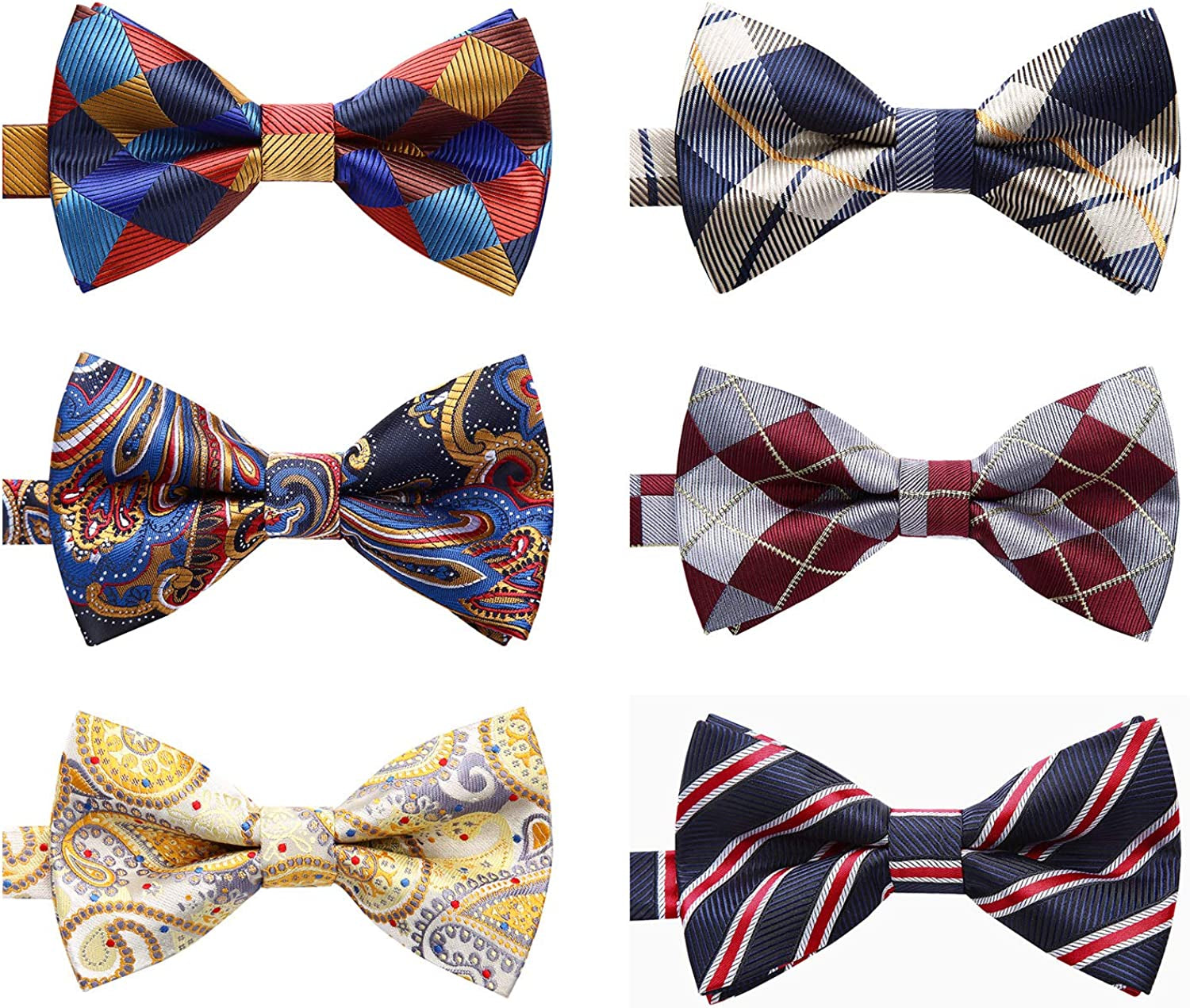 3/6 Pack Bow Ties for Men Paisley Plaid Dot Pre-Tie Bow Tie and Pocket Square Formal Bowties Handkerchief Set Adjustable