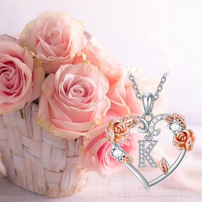 Rose Heart Necklaces Gifts for Women, 925 Sterling Silver Rose Love Heart Initial Letter Pendant Necklace Jewelry Mothers Day Valentines Christmas Birthday Gifts for Her Mom Wife Girlfriend