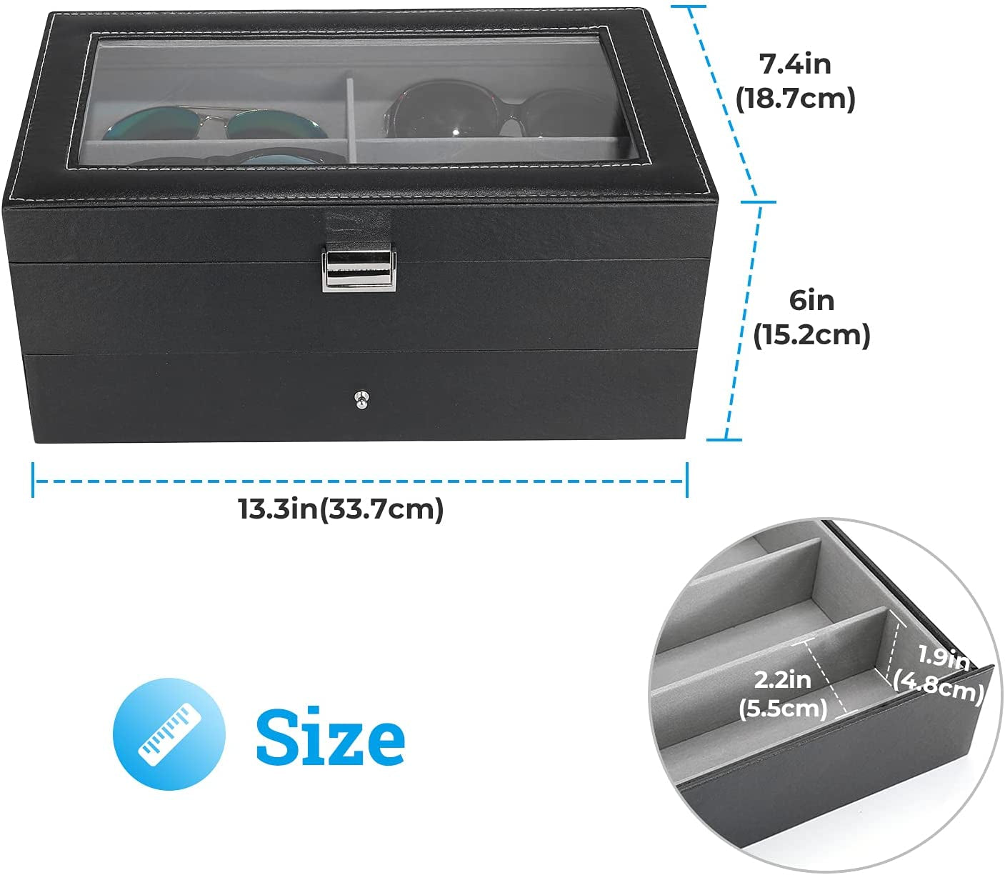 Sunglass Organizer Multiple Glasses Organizer for Women Men, Multi Sunglasses Eyeglass Eyewear Display Case, 12 Slots Leather Glasses Holder Storage Box with Drawer Glass Lid -Black