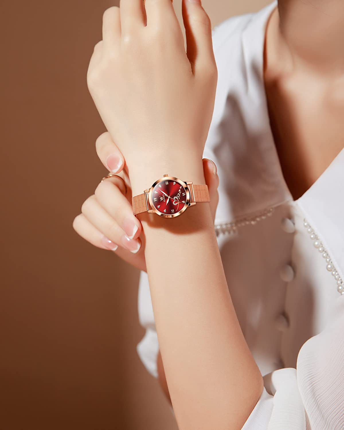 Women'S Rose Gold Watches Ultrathin Japanese Quartz Movement Girls Ladies Wristwatch Big Face Waterproof Mesh Belt Watch and Bracelet Set Valentines Day Gift