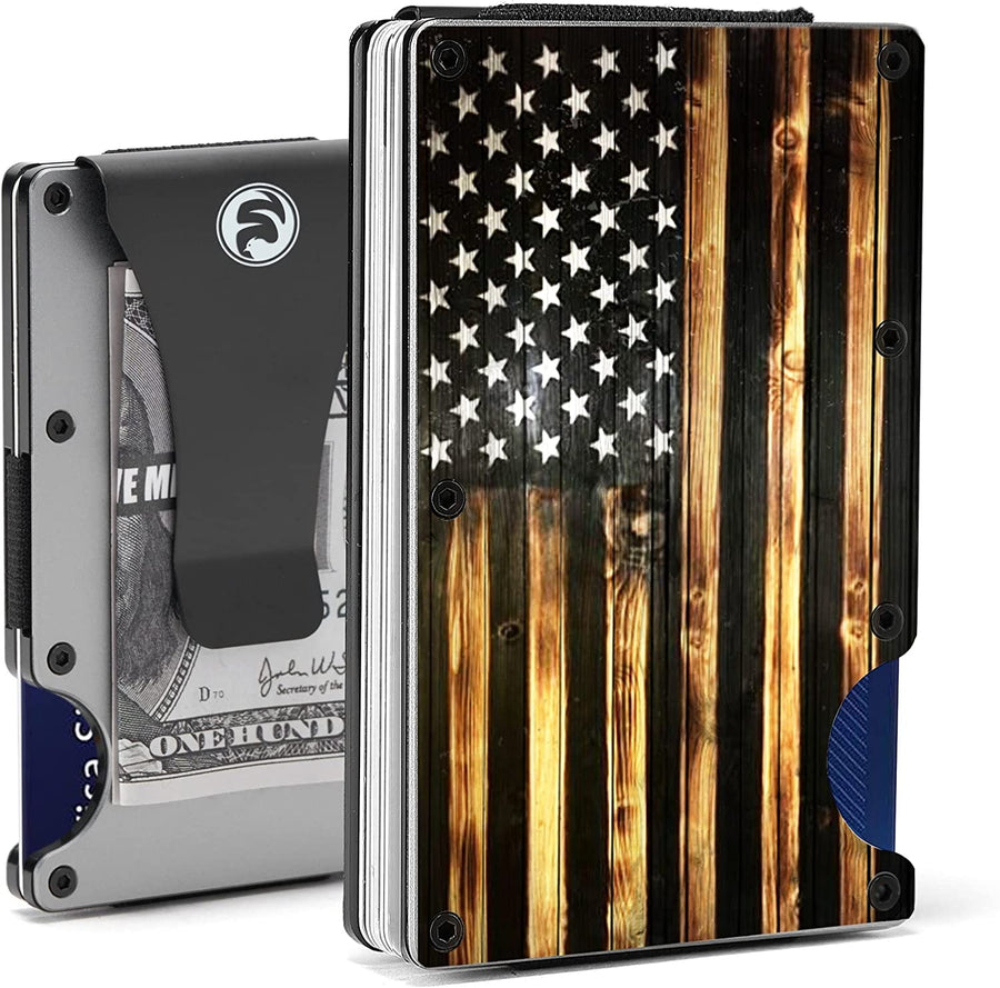 Men Minimalist Wallets for Men - Front Pocket Money Clip - RFID Blocking Slim Metal Wallet - Aluminum Credit Card Holder for Travel Business - Vintage Wood American Flag Artcraft