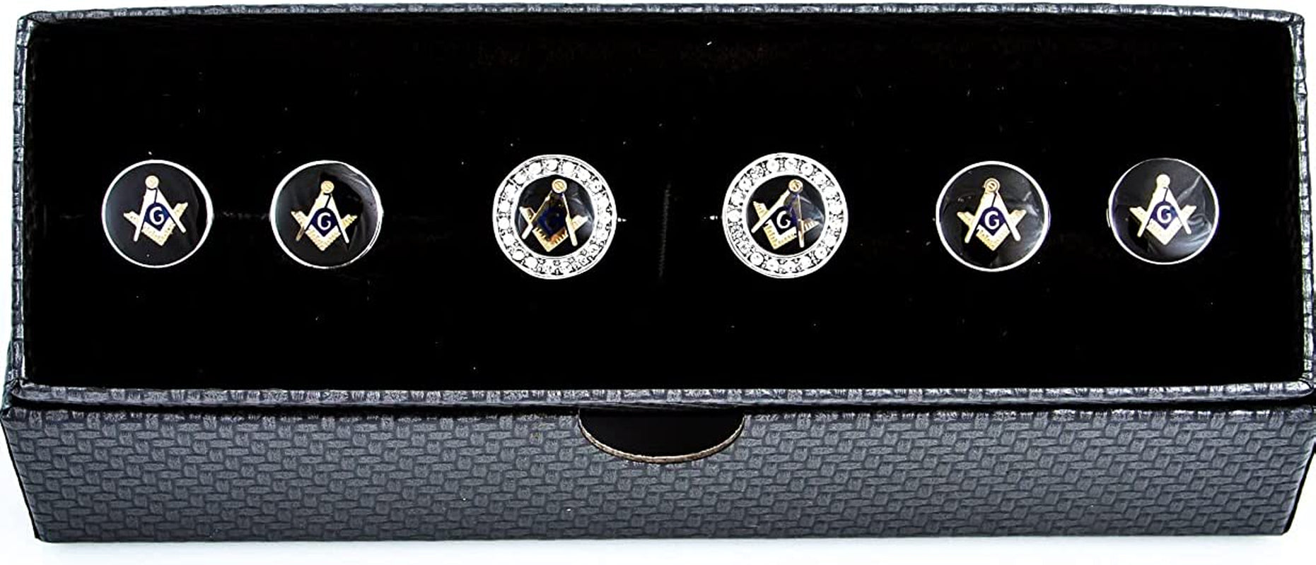 Freemason Masonic Mason Crystal Silver Tone Cufflinks and Studs Tuxedo Set in a Presentation Gift Box & Polishing Cloth