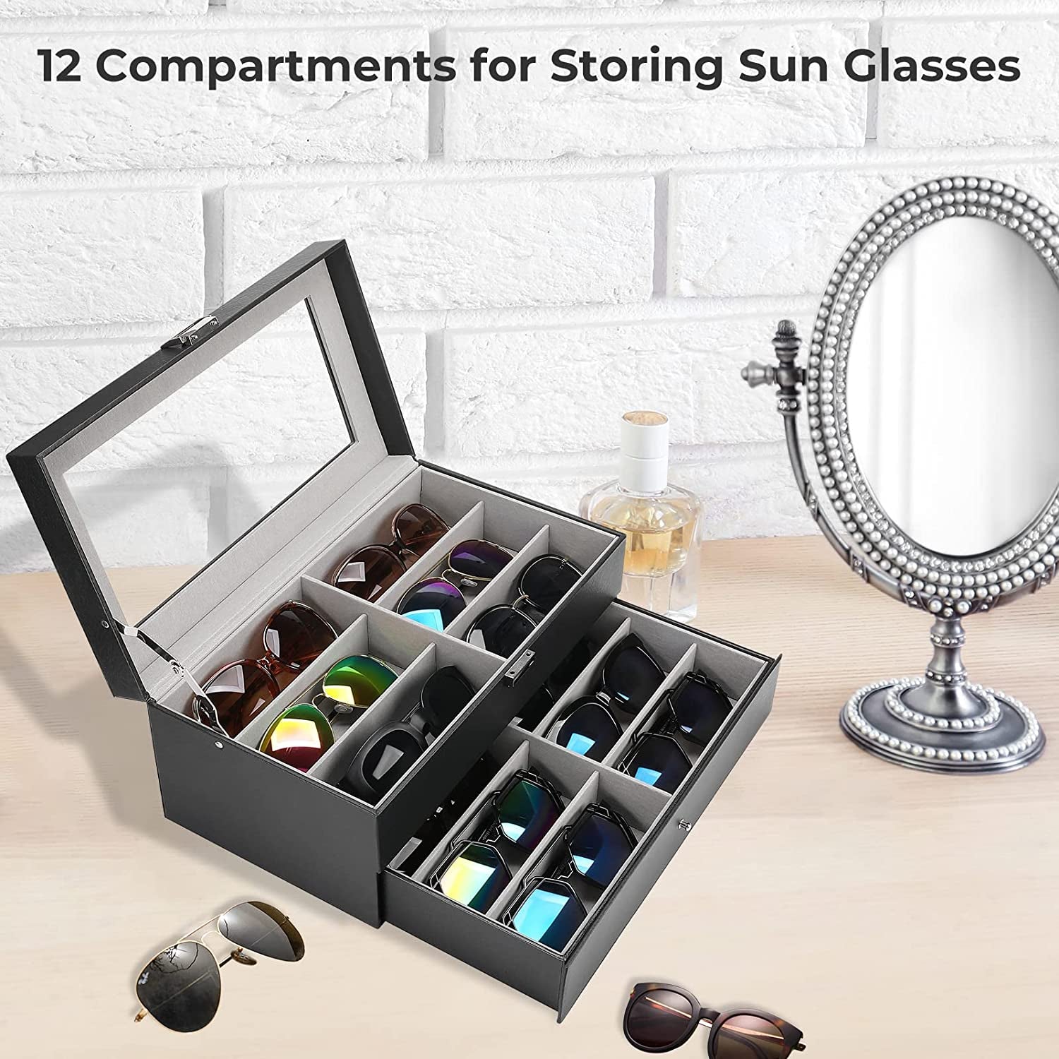 Sunglass Organizer Multiple Glasses Organizer for Women Men, Multi Sunglasses Eyeglass Eyewear Display Case, 12 Slots Leather Glasses Holder Storage Box with Drawer Glass Lid -Black