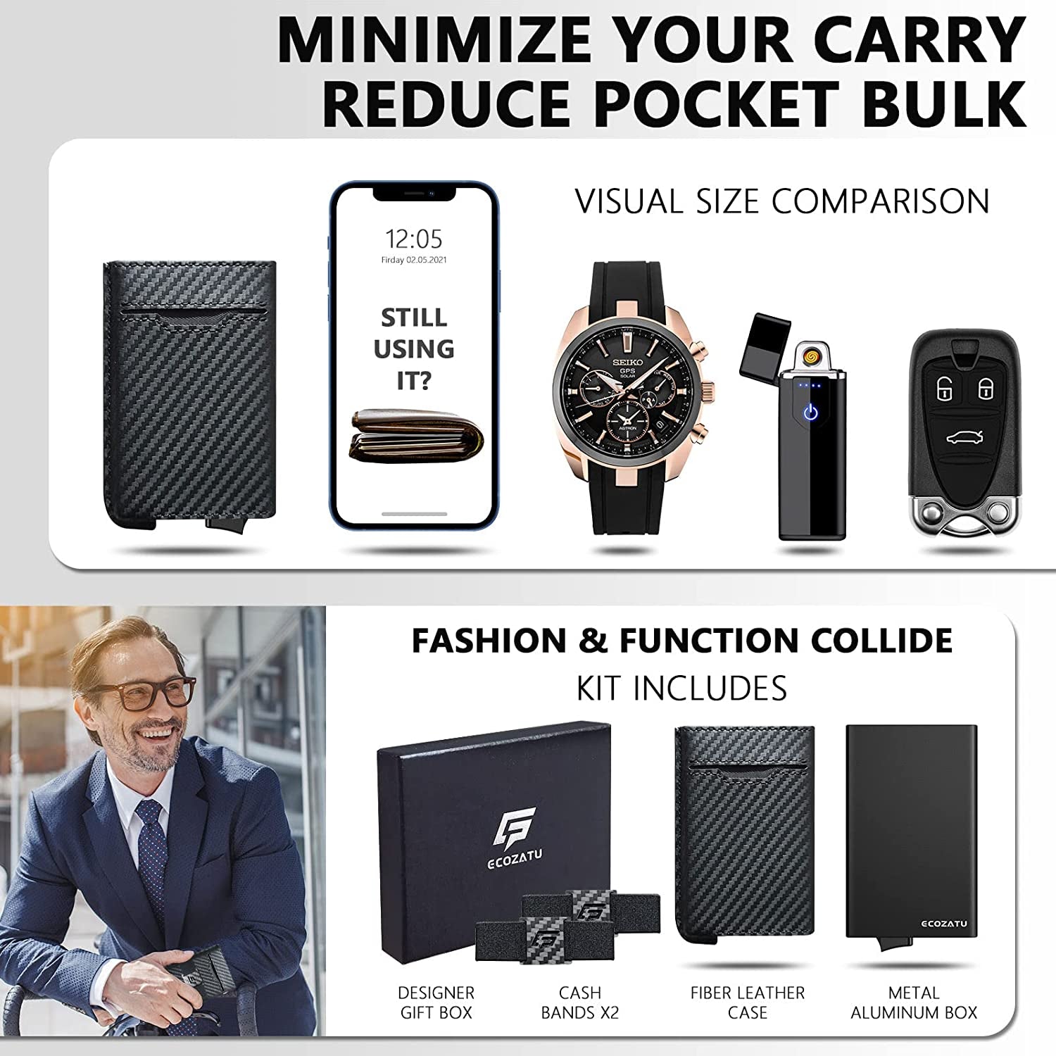 Minimalist Wallet Credit Card Wallet Real Carbon Fiber Leather Slim Stealth Wallets for Men RFID Blocking Hybrid Wallet