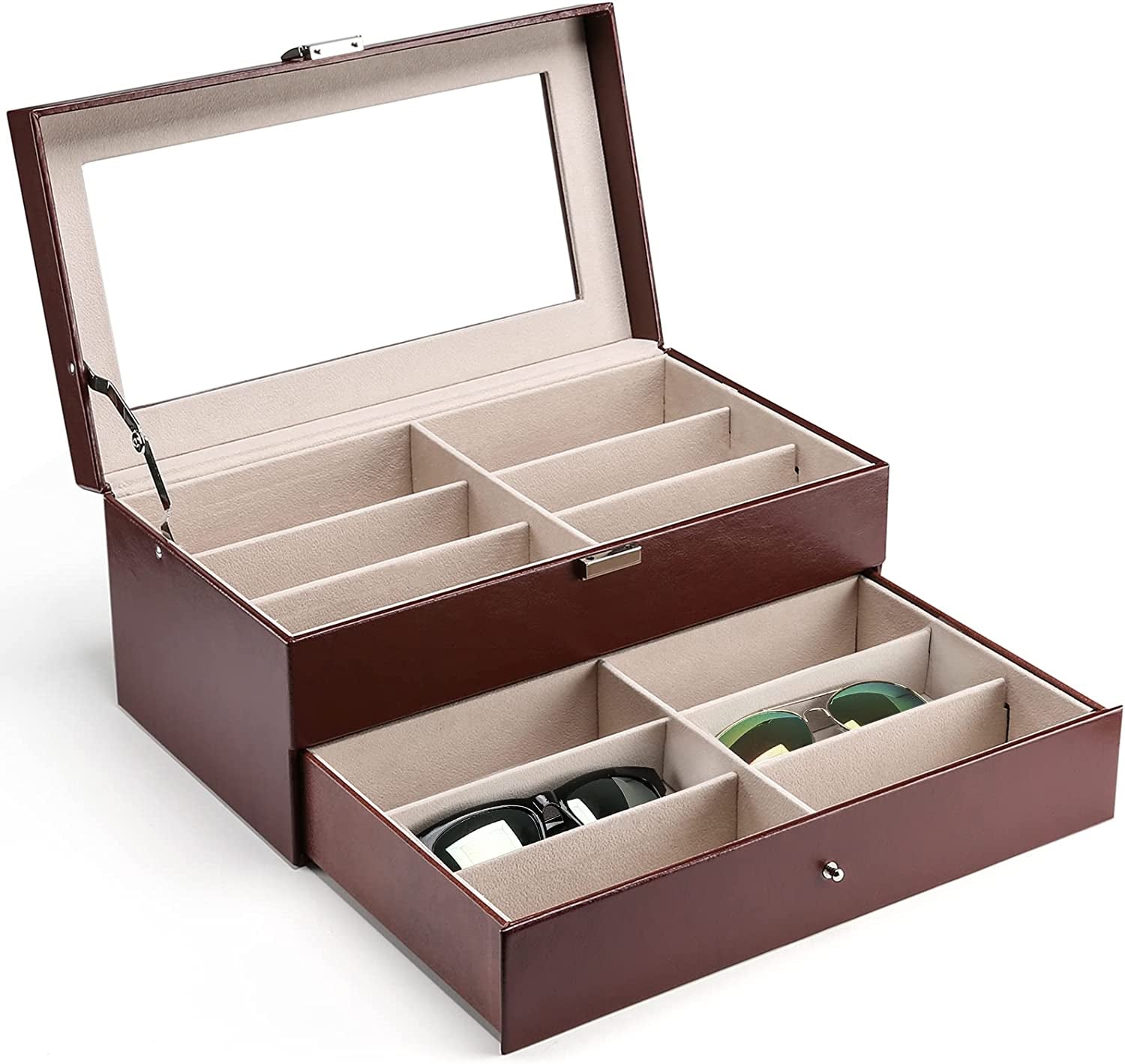 Sunglass Organizer Multiple Glasses Organizer for Women Men, Multi Sunglasses Eyeglass Eyewear Display Case, 12 Slots Leather Glasses Holder Storage Box with Drawer Glass Lid -Black