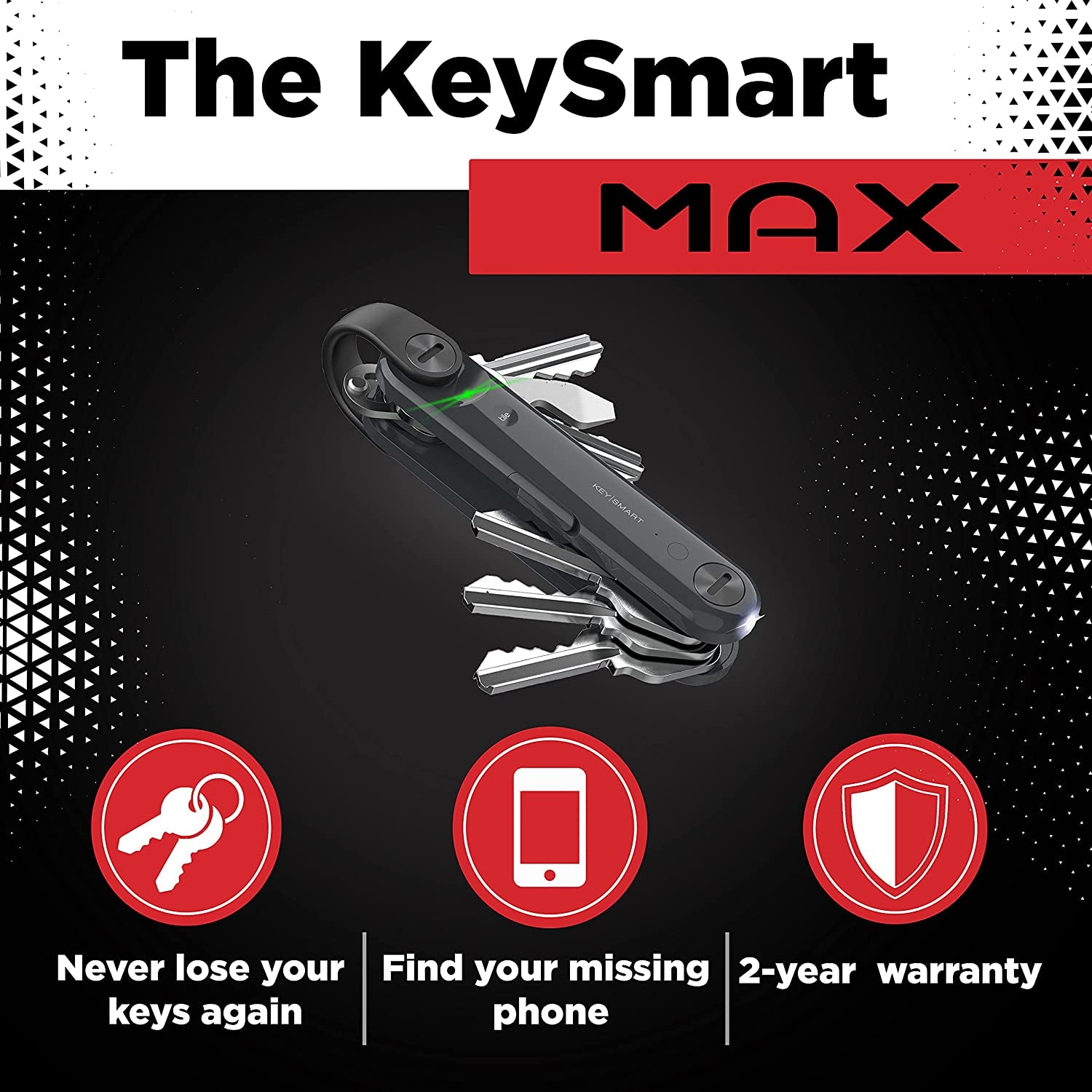 Keysmart Max - Great Gift for Men Key Organizer - Compact Trackable W LED Flashlight and Tile Bluetooth Key Finder - Attach Car Key Fob and Other Keychain Accessories (Up to 14 Keys, Steel Gray)