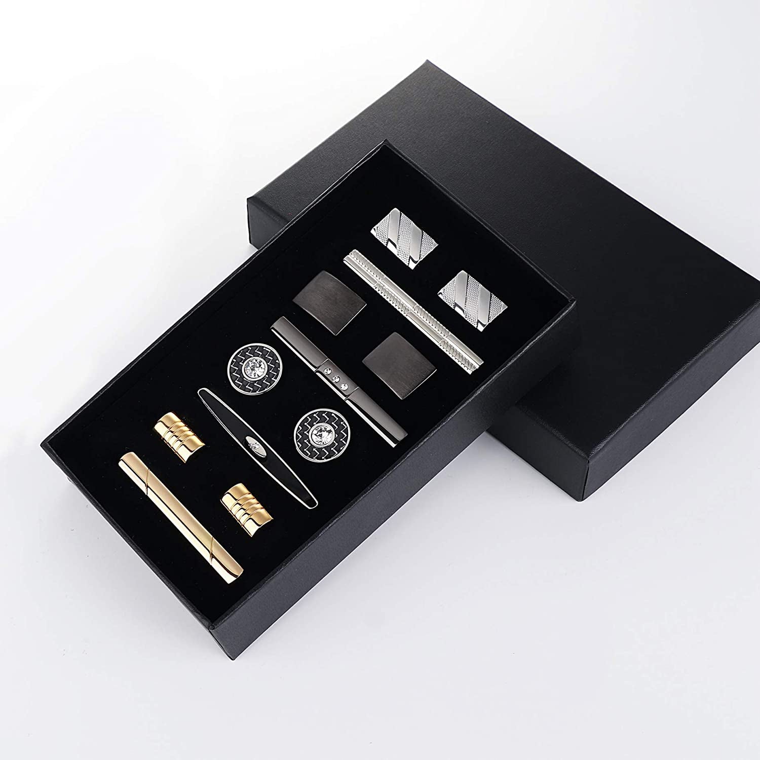 Tie Clip Cufflinks Set for Men Necktie Tie Bar Clips Business Shirts Tuxedo Wedding Gift with Box Silver-Tone Gold-Tone Black