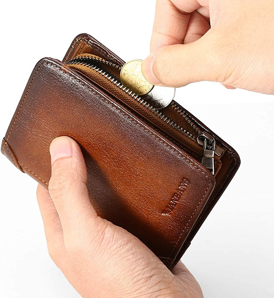Mens Wallet Zipper Genuine Leather RFID Card Holders Cowhide Zip Coin Pocket Bifold Wallets for Men Brown(Anti-Theft Brush)