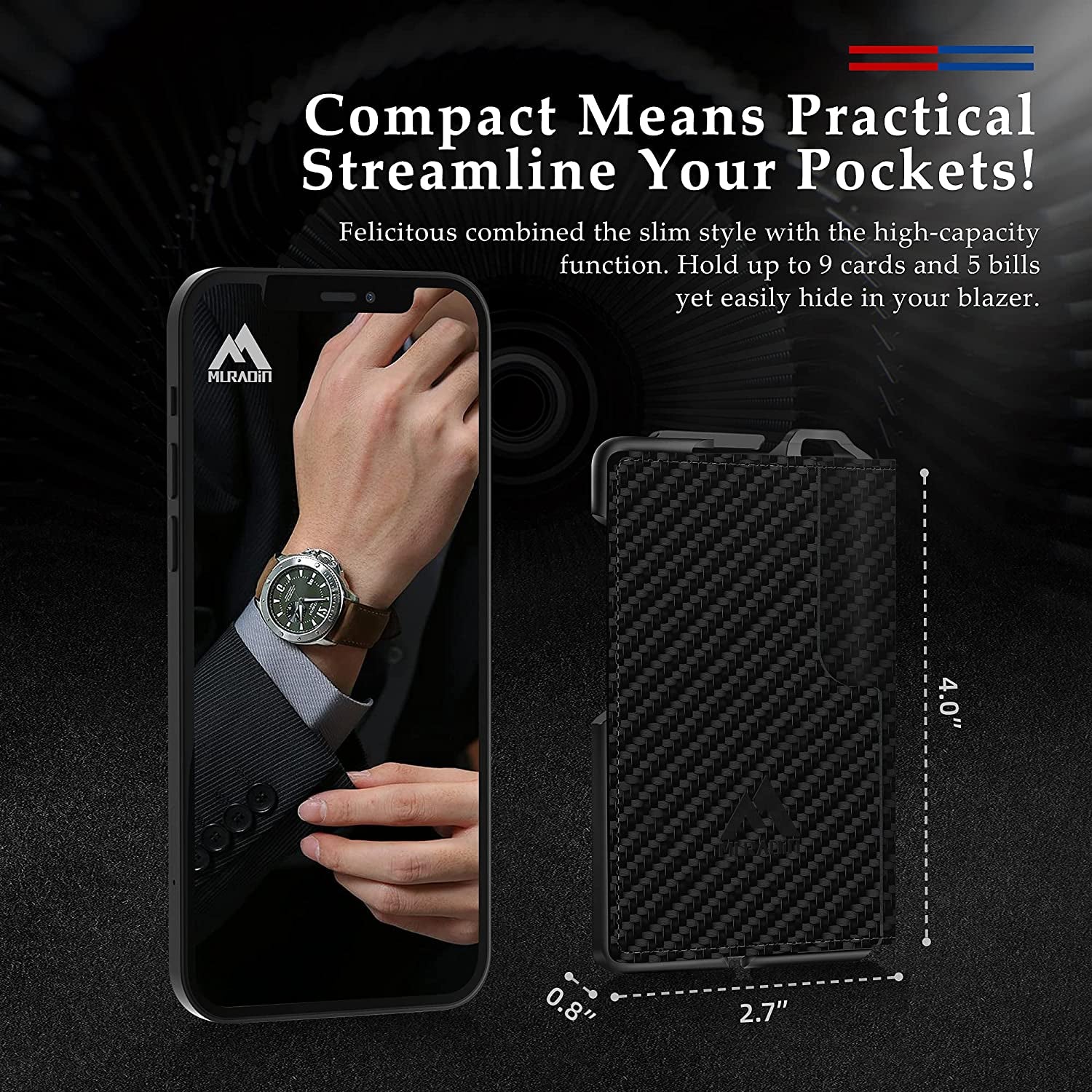 Tactical Minimalist Wallet for Men, Slim Rfid-Blocking Metal Card Holder, Front Pocket Men’S Leather Dapper Bifold Wallet with Money Clip Carbon Fiber