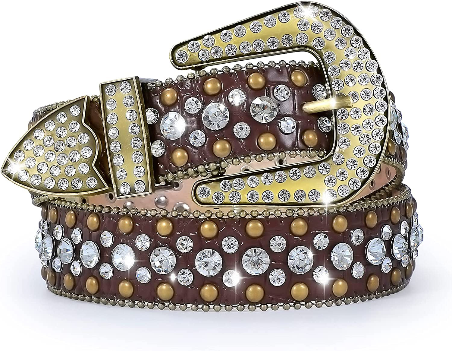 Women Rhinestone Belt for Jeans, Men Western Cowgirl Bling Studded Belt Faux Crocodile Grain Leather