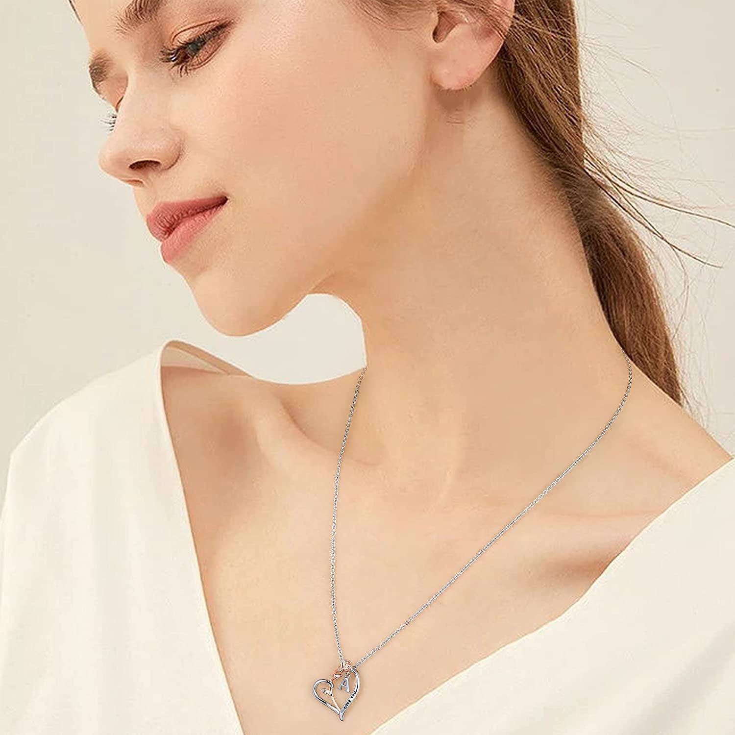Rose Heart Initial Necklaces Gifts for Women Teen Girls, Rose Love You Heart Letter Pendant Necklace Jewelry Mothers Day Valentines Anniversary Christmas Birthday Gifts for Her Mom Wife Girlfriend