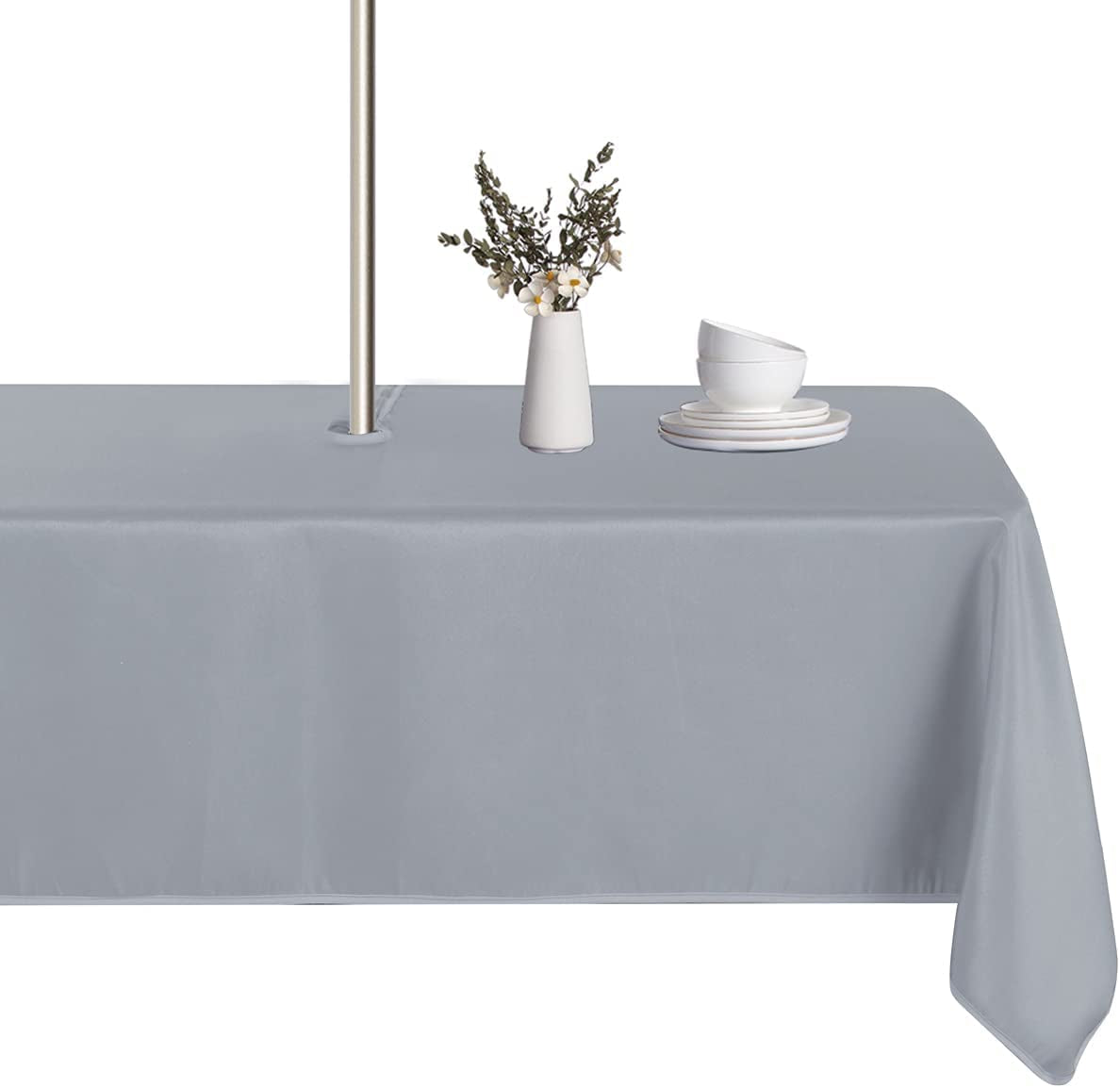 Outdoor and Indoor Tablecloth - Washable Waterproof Wrinkle Free Table Cloth with Zipper and Umbrella Hole for Spring/ Summer/ Party/ Picnic/ BBQS/ Patio (Round 60 Inch, Grey)