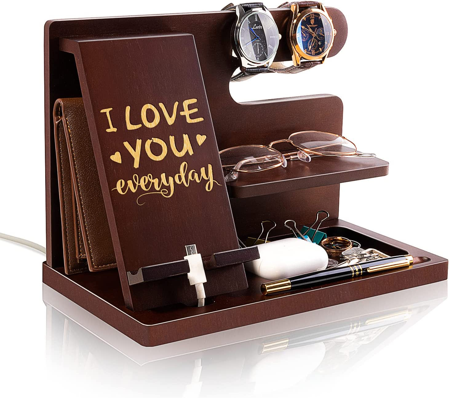 Personalized Wood Phone Docking Station for Husband Boyfriend - I Love You Everyday - Key Holder Wallet Stand Watch Organizer Men Gift Anniversary Birthday Christmas Nightstand Male Travel Gadgets