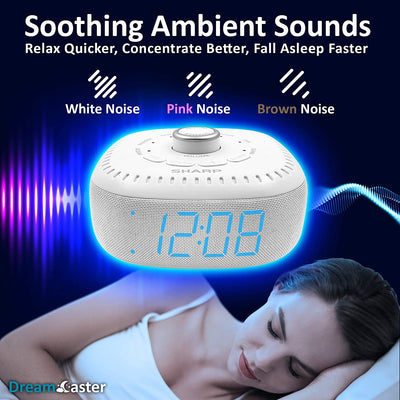 Sound Machine Alarm Clock with Bluetooth Speaker, 6 High Fidelity Sleep Soundtracks – White Noise Machine for Baby, Adults, Home and Office – Blue LED