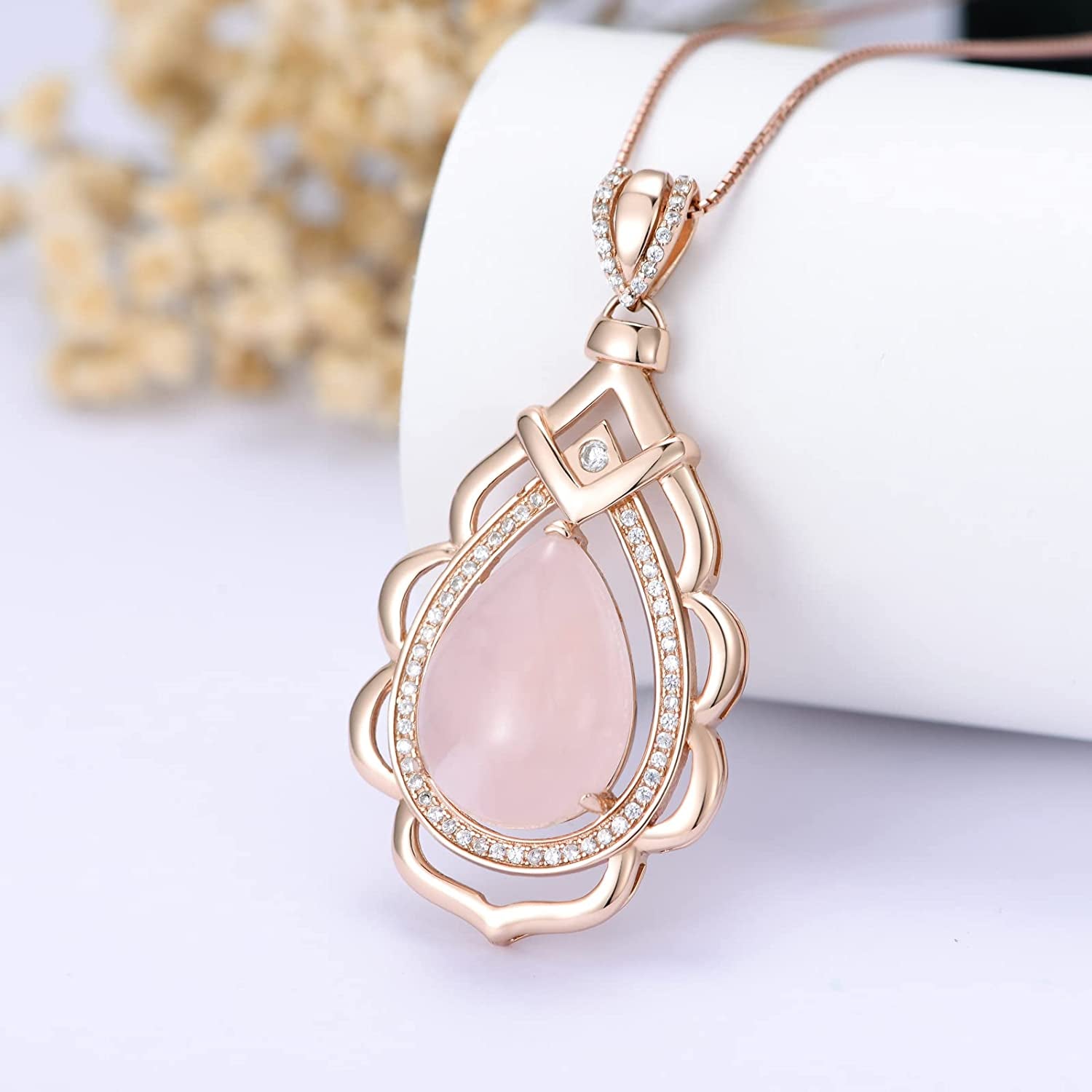 Rose Gold Rose Quartz Pendant Necklace Teardrop Pink Love Crystal Necklace Jewelry Valentine'S Day Birthday Mother'S Day Gifts for Women Girls Wife Mom Girlfriend Her