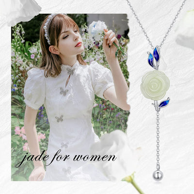 Jade Necklace Rose Flower Tassel Pendant Necklace Valentine'S Day Gifts for Women Girl Daughter Mom