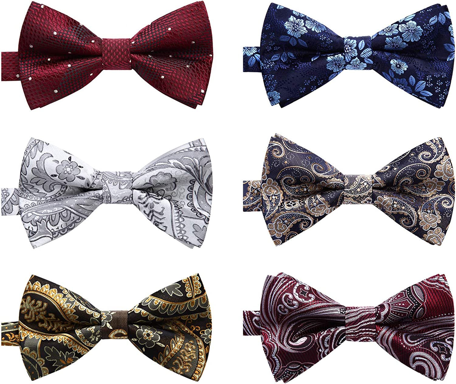 3/6 Pack Bow Ties for Men Paisley Plaid Dot Pre-Tie Bow Tie and Pocket Square Formal Bowties Handkerchief Set Adjustable
