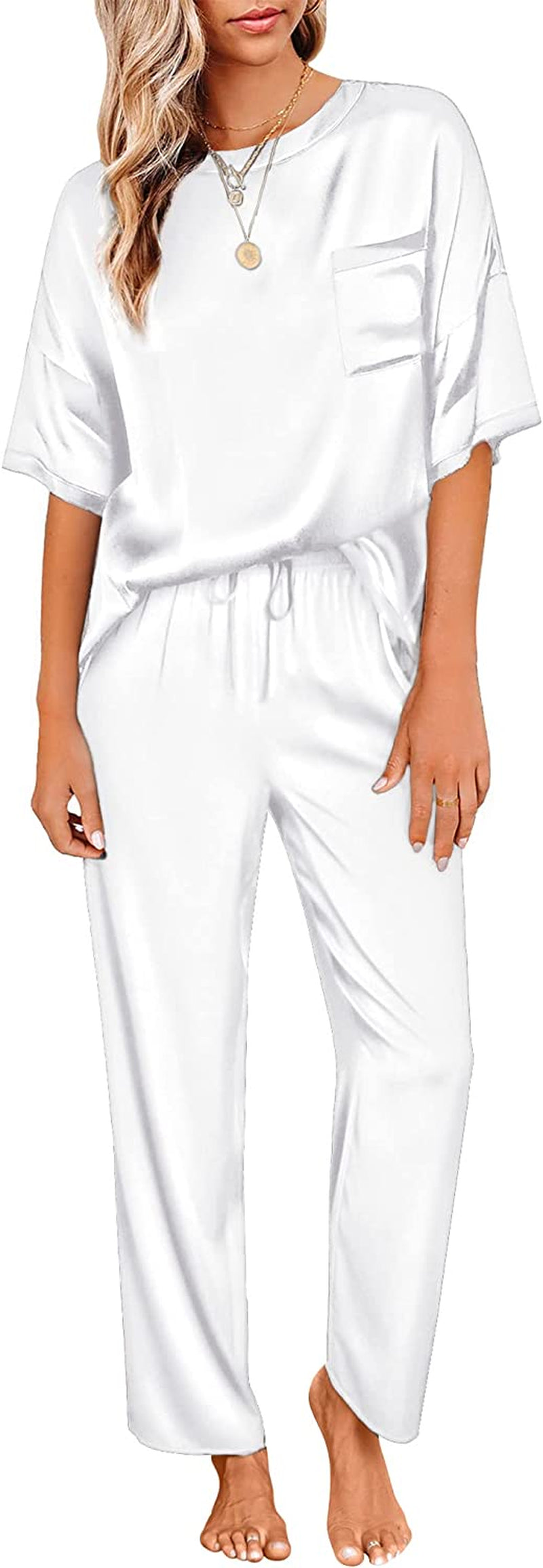 Women'S Satin Silky Pajama Set Short Sleeve T-Shirt with Long Pajama Pant Set Soft PJ Loungewear