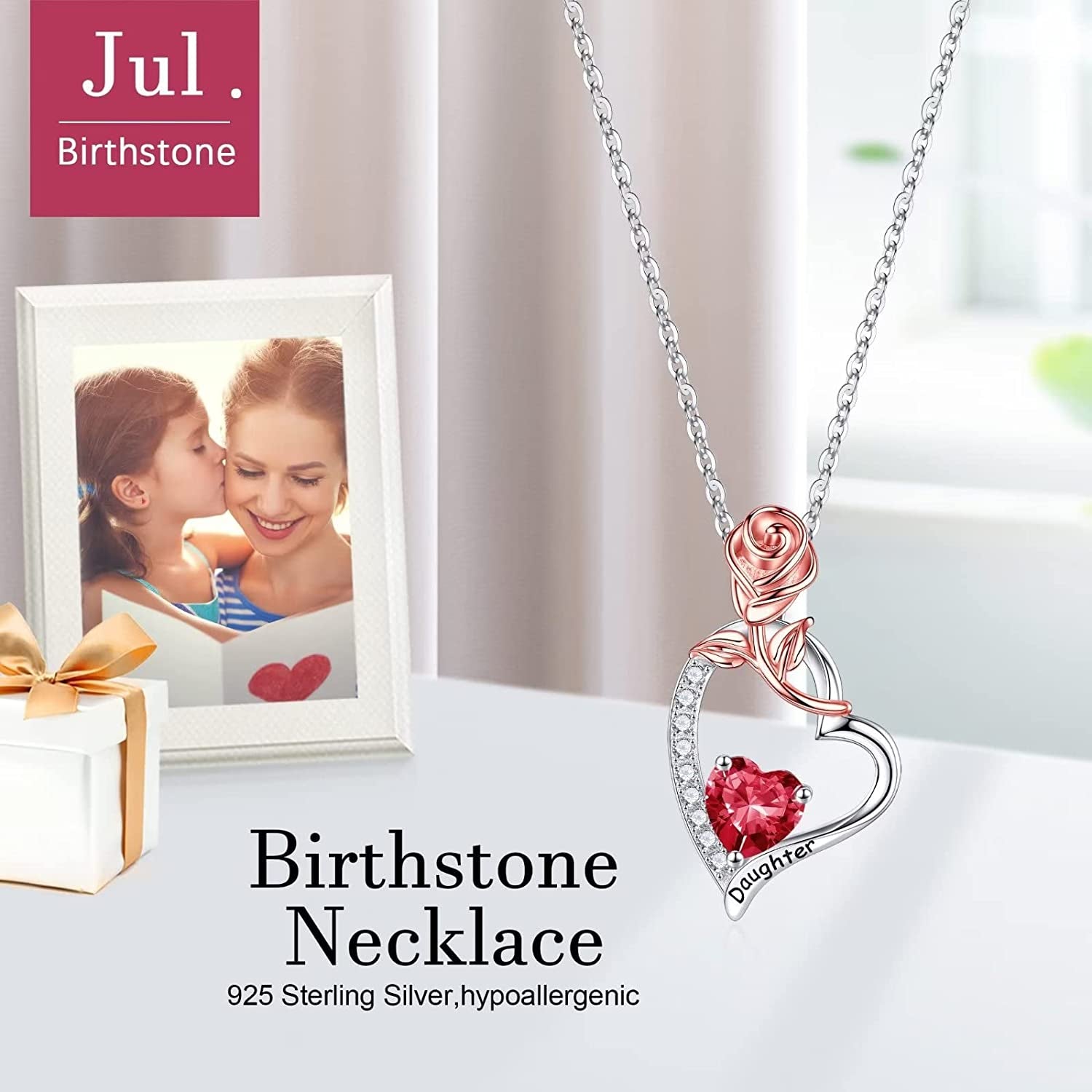 Daughter Gifts Rose Heart Birthstone Necklace, 925 Sterling Silver Natural or Created Gemstone Pendant Necklace Valentines Mothers Day Gifts for Daughter Birthday Christmas Gifts for Daughter from Mom