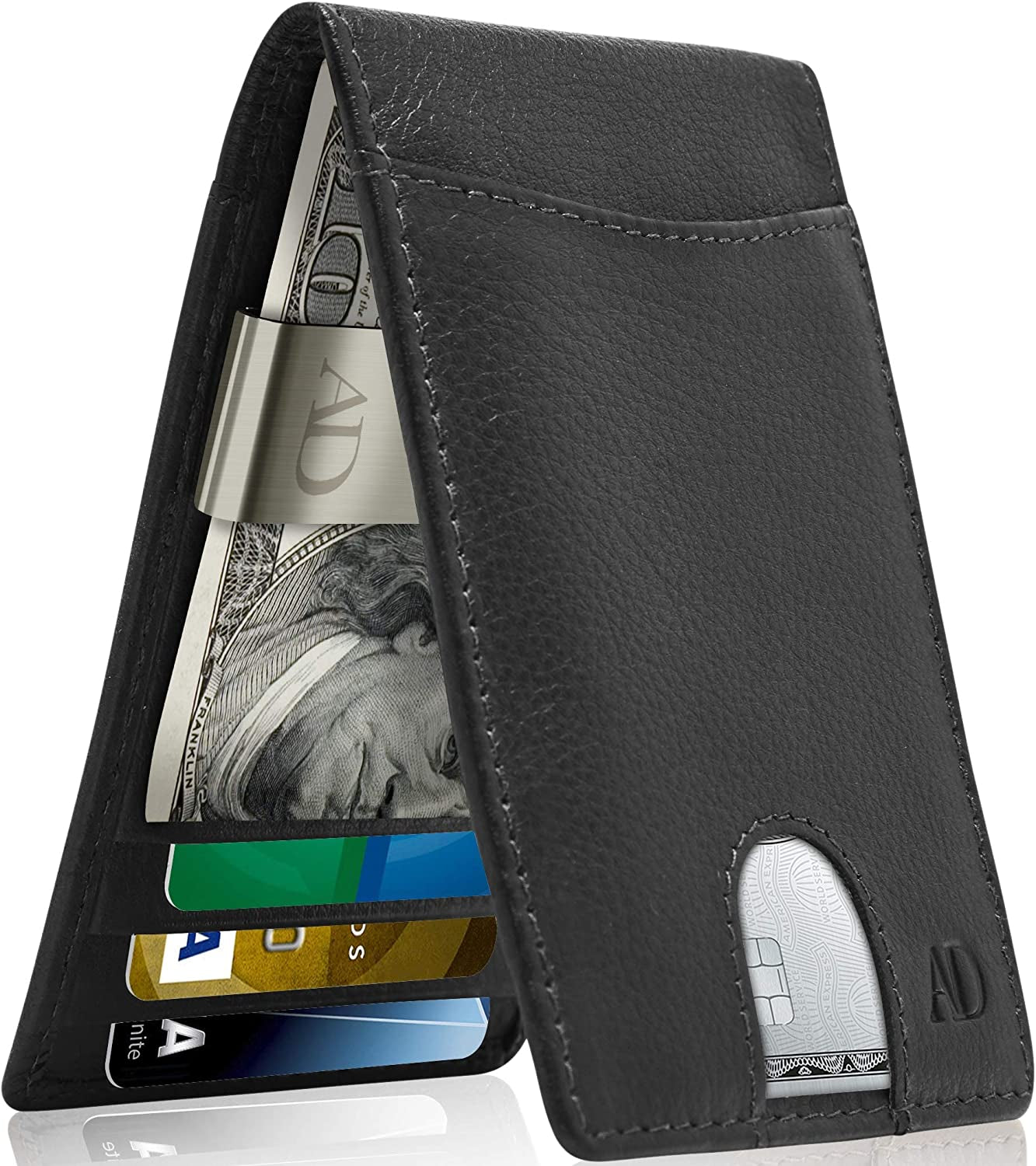 Real Leather Wallets for Men - Money Clip Bifold Wallet RFID Front Pocket Thin Minimalist Mens Wallet Credit Card Holder