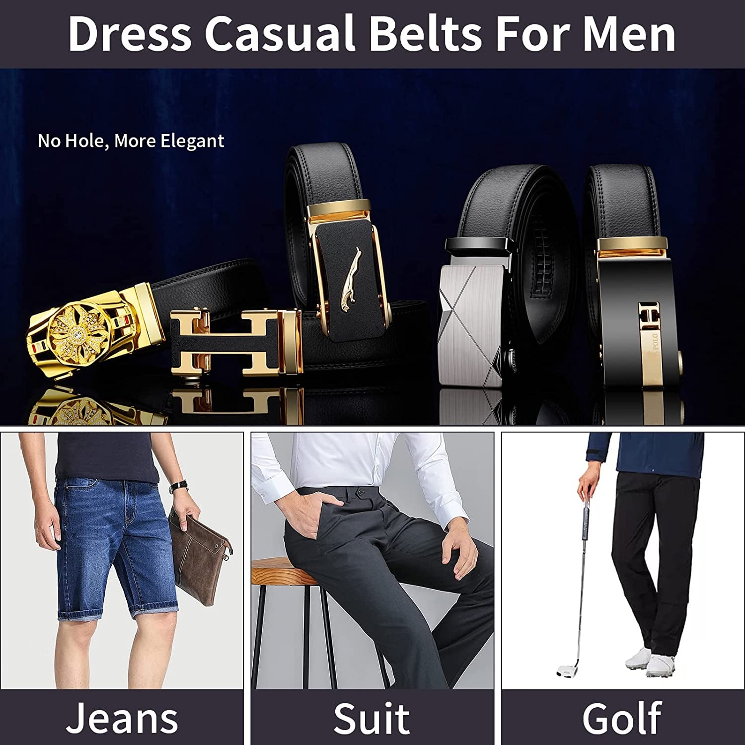 Black Belt Men,  Mens Leather Belts Slide Ratchet Belt Buckle Dress Casual Fashion Belt for Jeans Pants