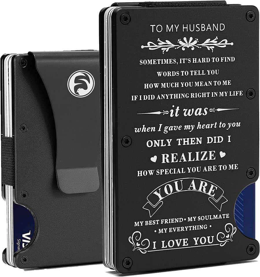 Men Minimalist Metal Wallet with Money Clip for Dad Husband Son Boyfriend - Personalized Front Pocket Aluminum Wallets for Business Travel - RFID Blocking Slim Credit Card Holder