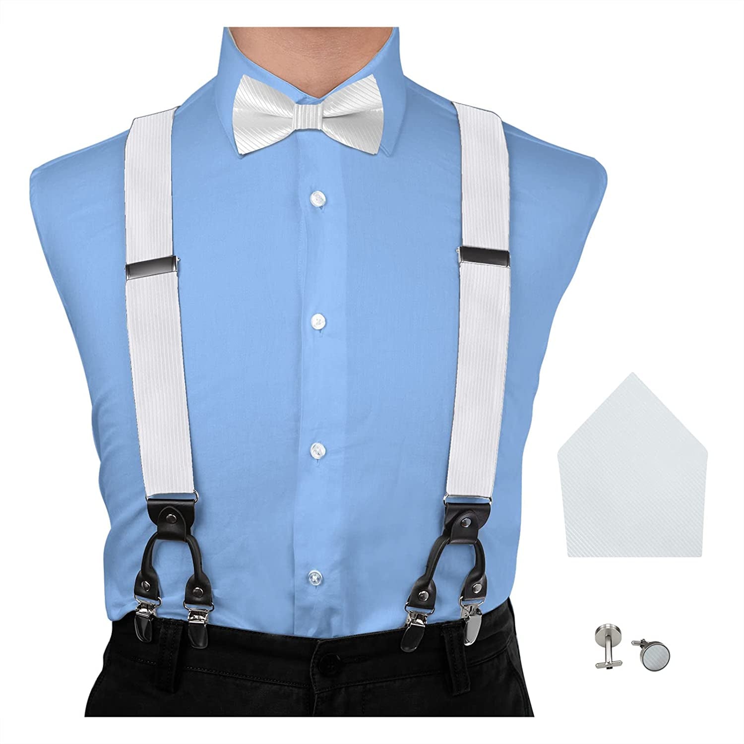 Jacquard Silk Suspenders for Men Clip-On Adjustable Elastic-Band Y-Back Suspenders Bow Ties Hanky Cufflink Set
