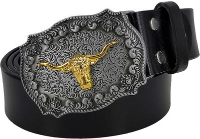 Mens Cow Leather Western Cowboy Skull Attitude Buckle Belt