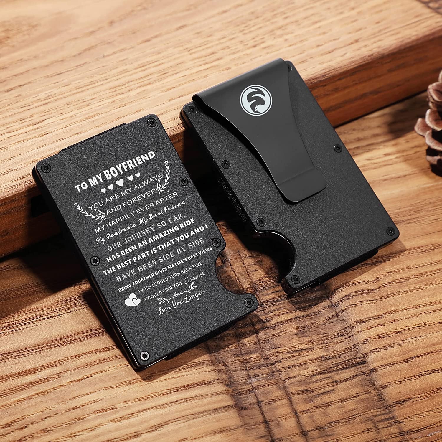 Minimalist Engraved Wallet for Boyfriend from Girlfriend - Slim Metal RFID Blocking Card Holder - Personalized Aluminum Front Pocket Money Clip for Men - Christmas Birthday Anniversary Valentines Day