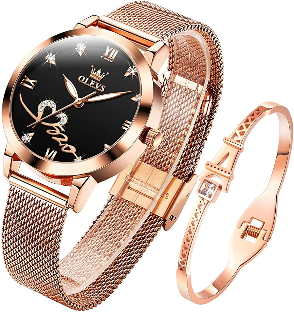 Women'S Rose Gold Watches Ultrathin Japanese Quartz Movement Girls Ladies Wristwatch Big Face Waterproof Mesh Belt Watch and Bracelet Set Valentines Day Gift